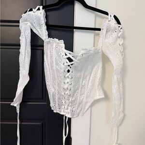 PrettyLittleThing White Lace-Up Eyelet Blouse